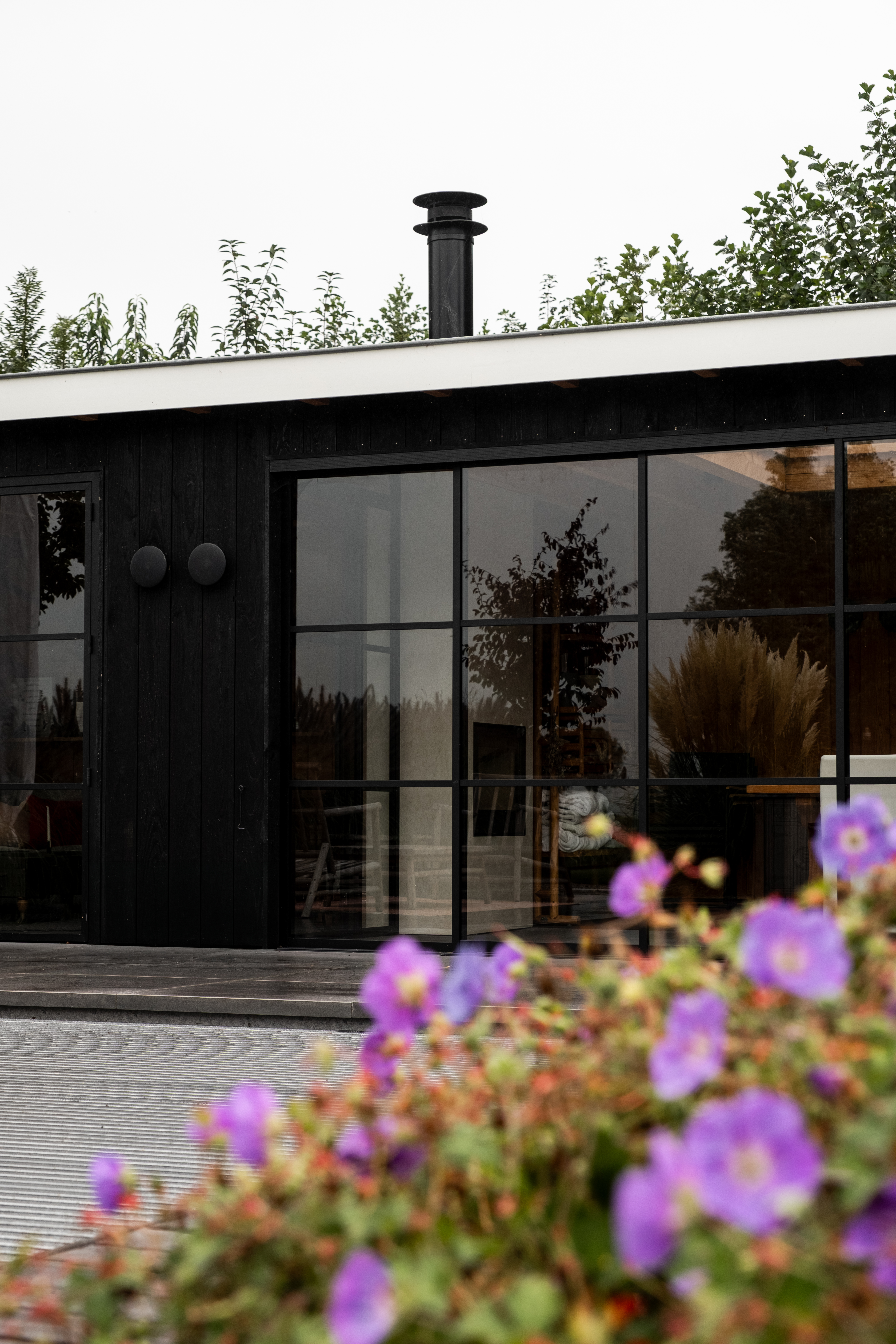 Close-up van de zwarte houten gevel van het poolhouse in Nijkerk door BG Buitenverblijven met grote zwarte vakwerkramen, ronde wandlampen en paarse bloemen op de voorgrond